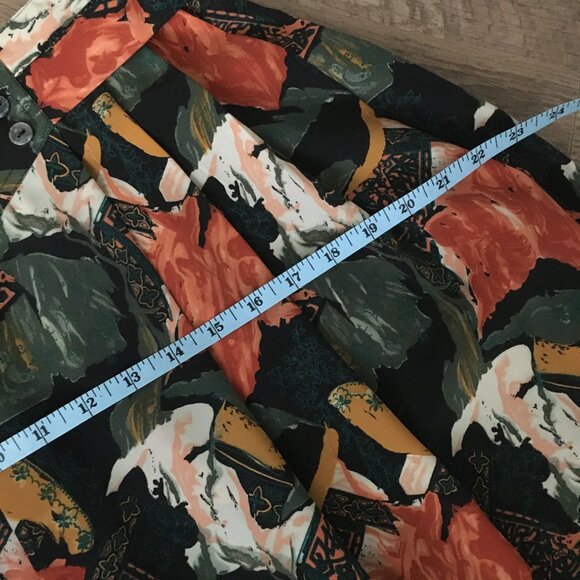 Vintage 80s Union Made Orange and Green Abstract Button Waist Pleated Midi Skirt - Picture 10 of 14